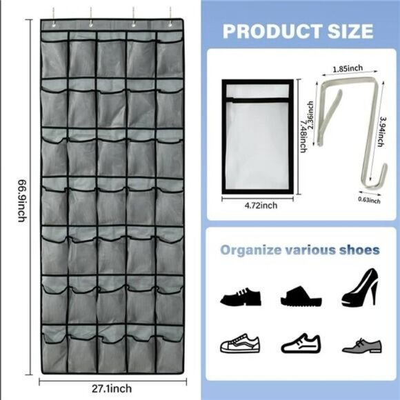 Over The Door Shoe Organizer 35 Pocket Mesh Hanging Storage Rack Holder - Picture 2 of 8